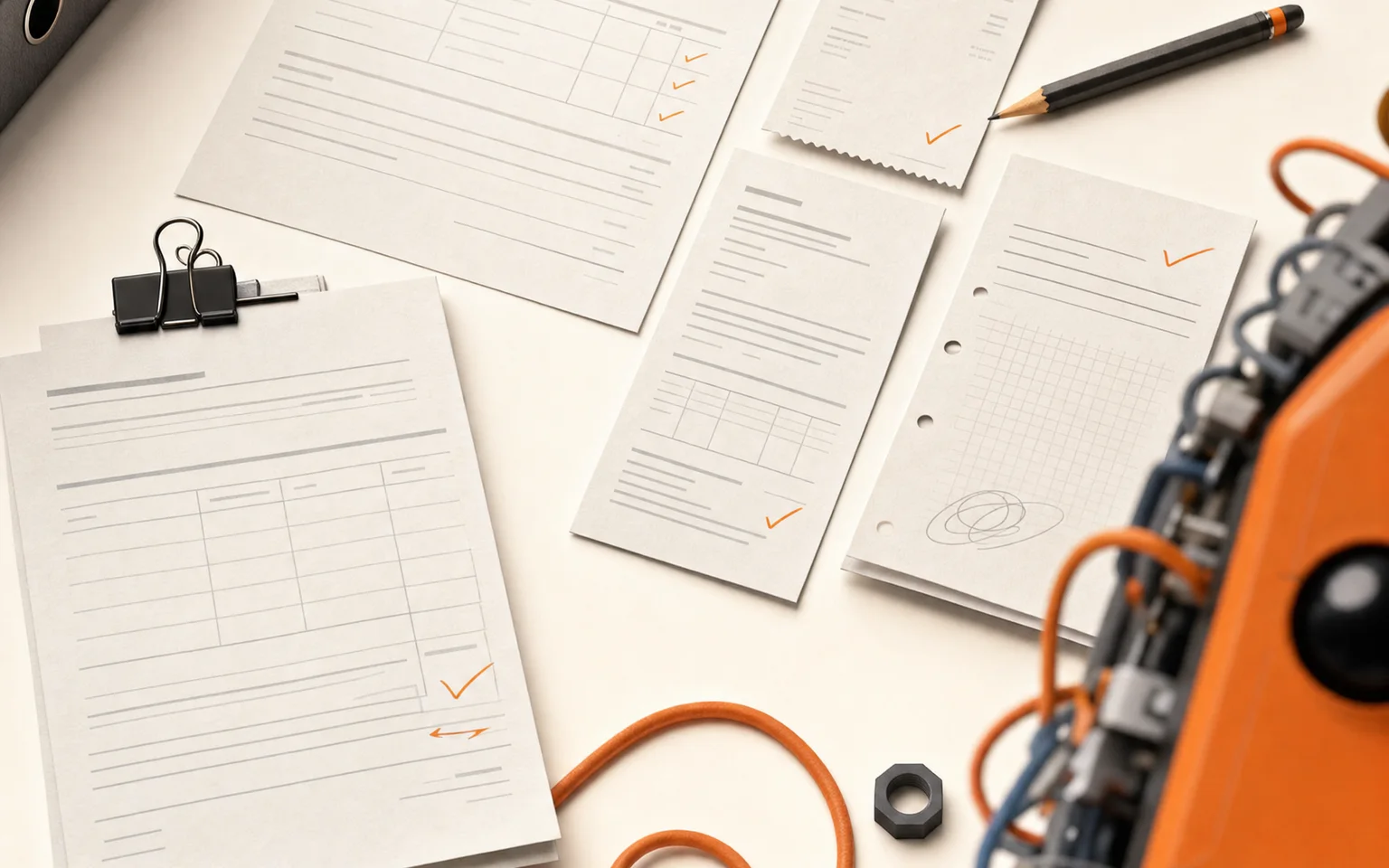 Trade paperwork artifacts on a warm BuckleIQ workbench with orange cabling and hardware