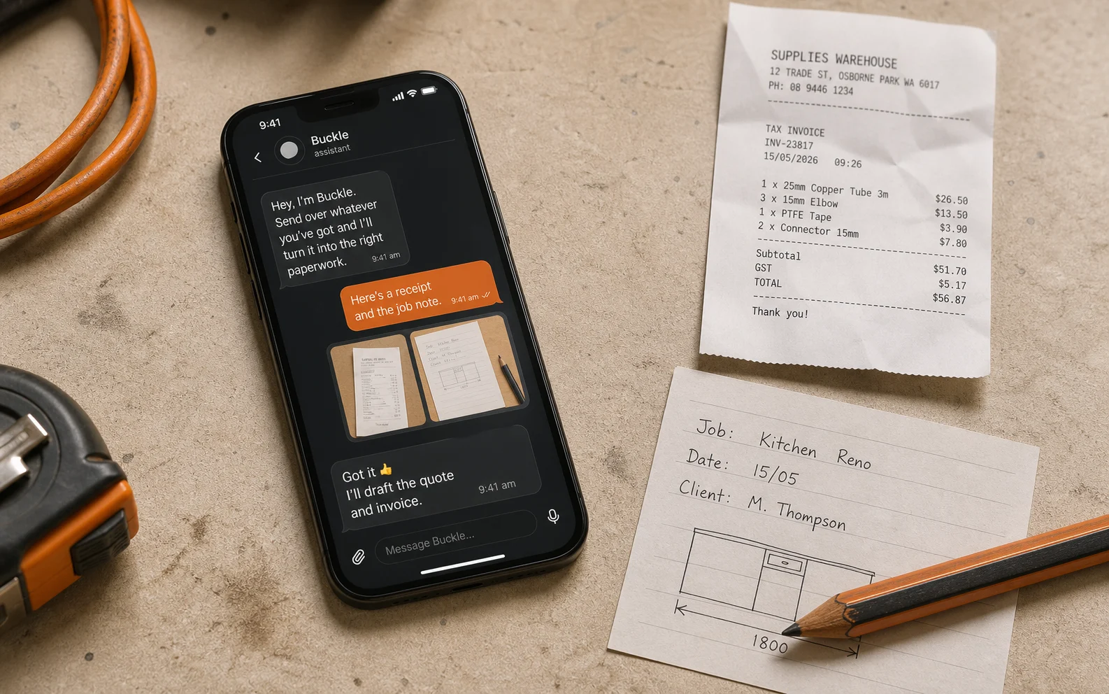 Phone on a workbench with Buckle messages, a supplier receipt and a sketched job note