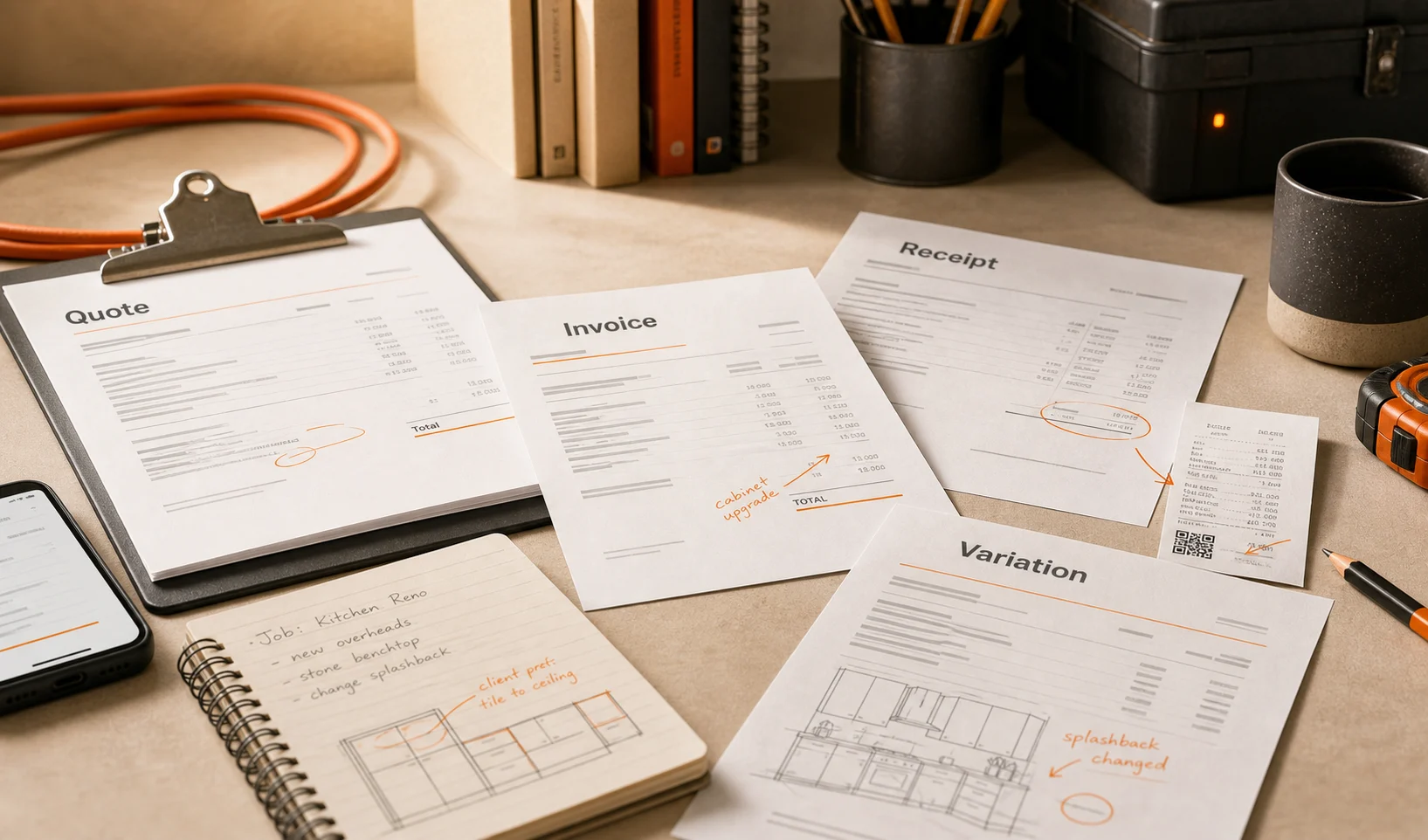 Trade paperwork on a warm workbench: quote, invoice, receipt, variation and job notes