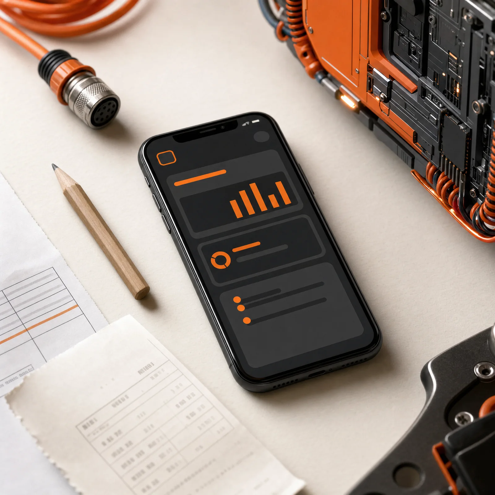 iPhone on a warm BuckleIQ workbench beside trade paperwork